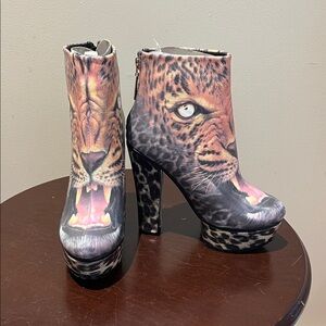 Too Fast Fierce Leopard Face 7.5 or (38)  Heeled Boots brand new